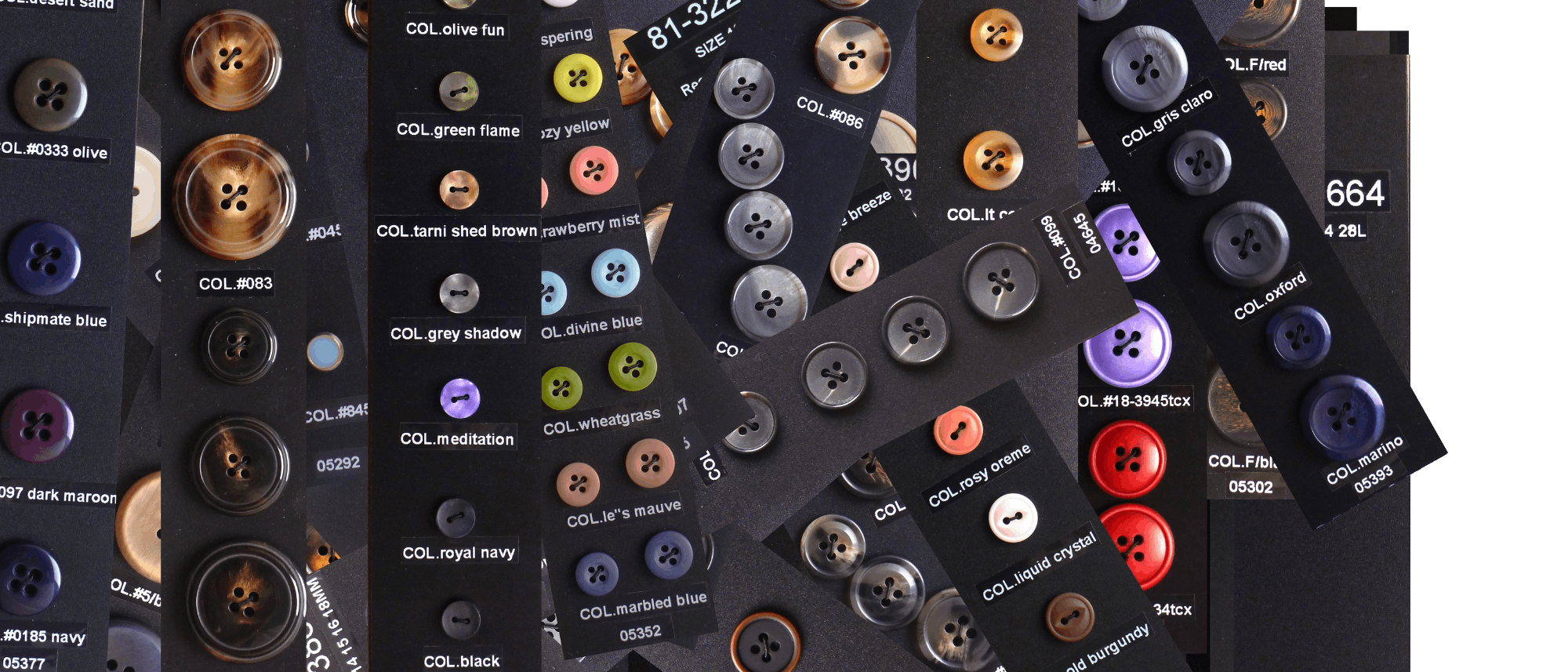 Primotex buttons in a range of materials and finishes, arranged in rows