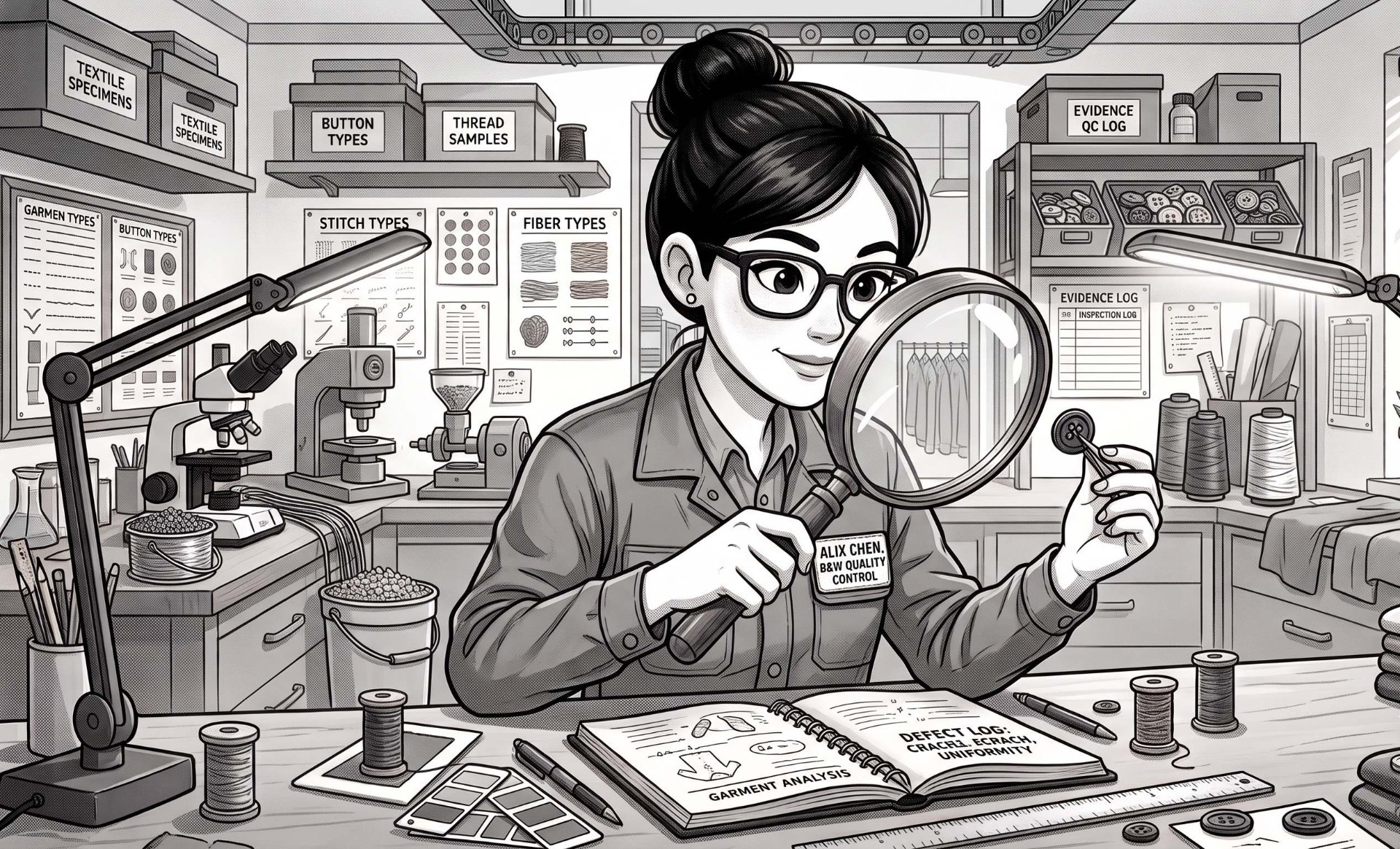 Primotex quality control inspector examining a button with a magnifying glass